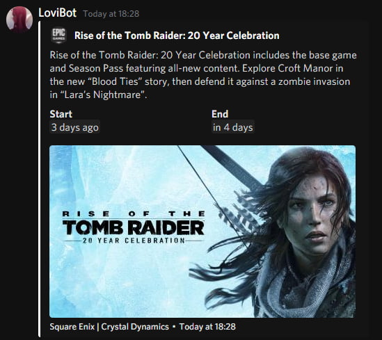 Example Discord notification showing Rise of the Tomb Raider as a free game